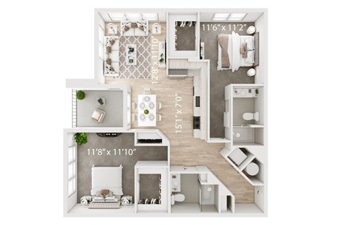 Floor plan for 2 beds, 2 baths, 1126 sqft